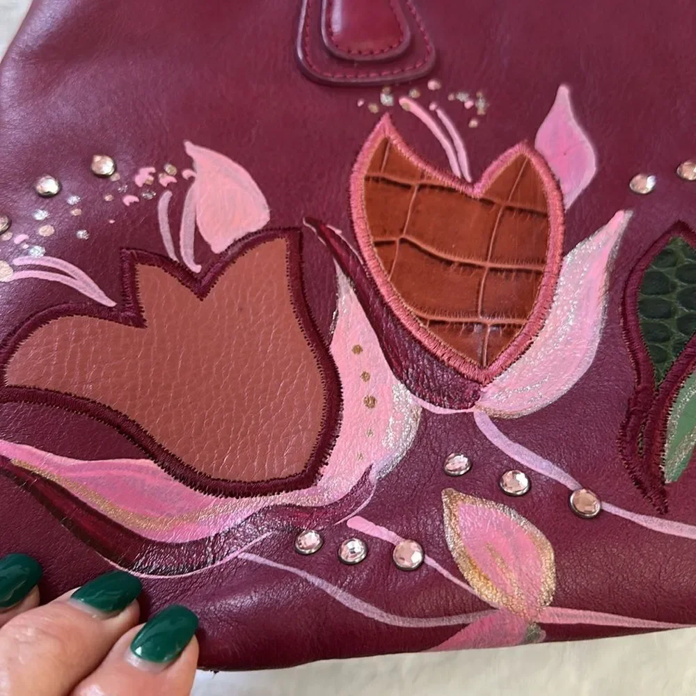 Gianfranco Sisti Floral Embellished Italian Leather Bag Purse Pocketbook